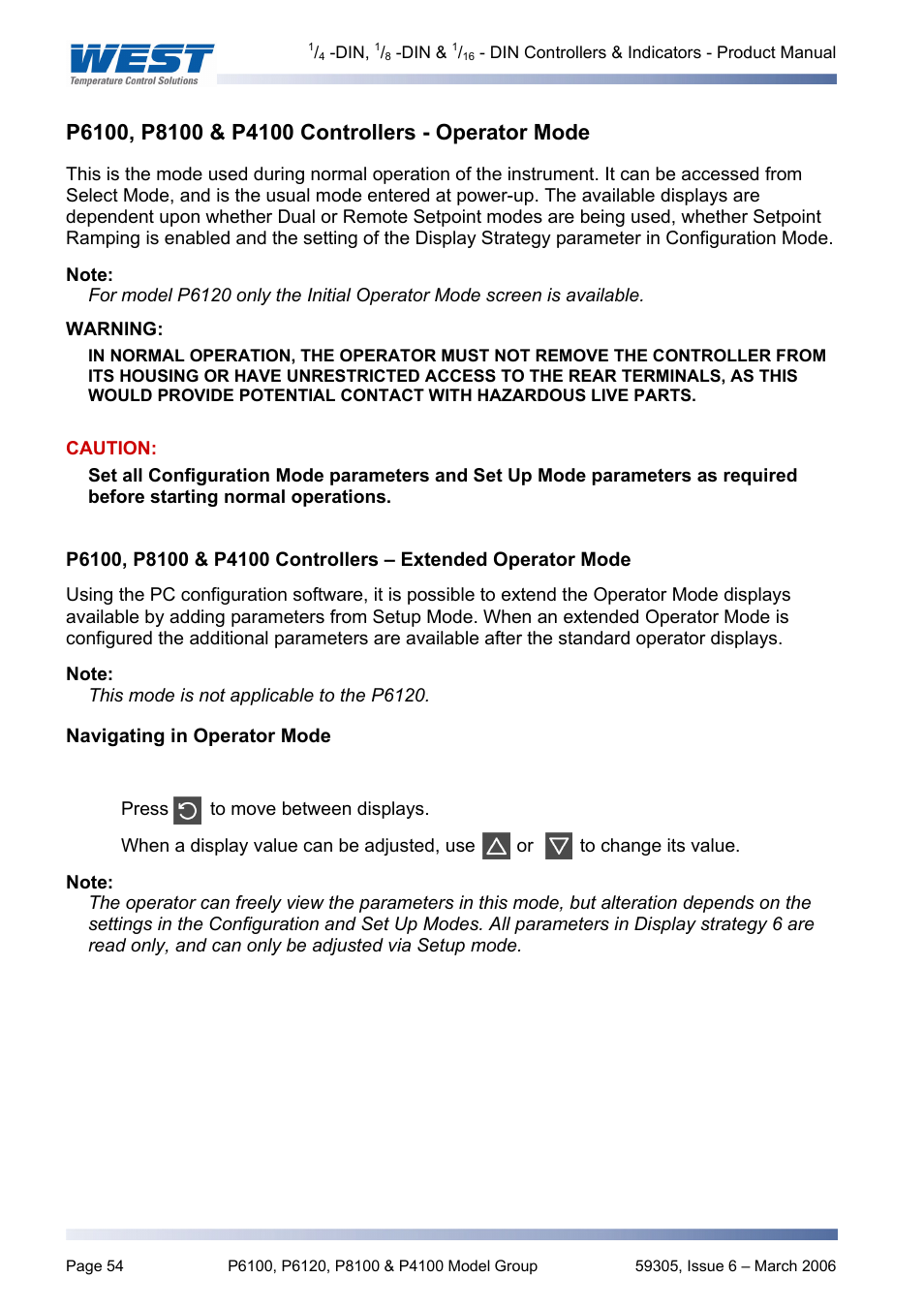 P6100, p8100 & p4100 controllers - operator mode, P6100, p8100 & p4100 controllers – extended opera, Navigating in operator mode | Pyromation Series 610 1_16 DIN User Manual | Page 59 / 177