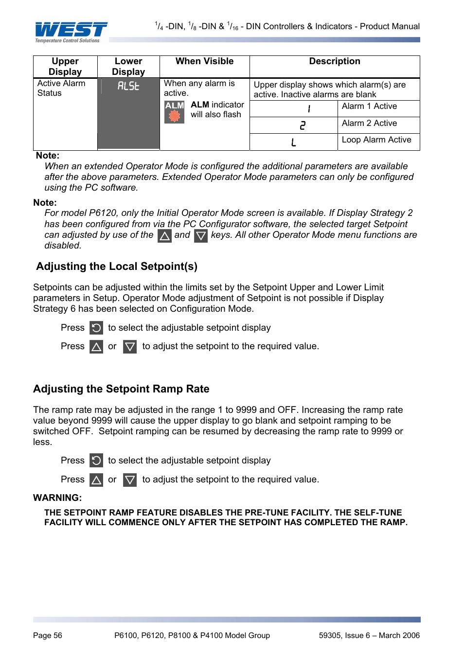 Adjusting the local setpoint(s), Adjusting the setpoint ramp rate | Pyromation Series 610 1_16 DIN User Manual | Page 61 / 177