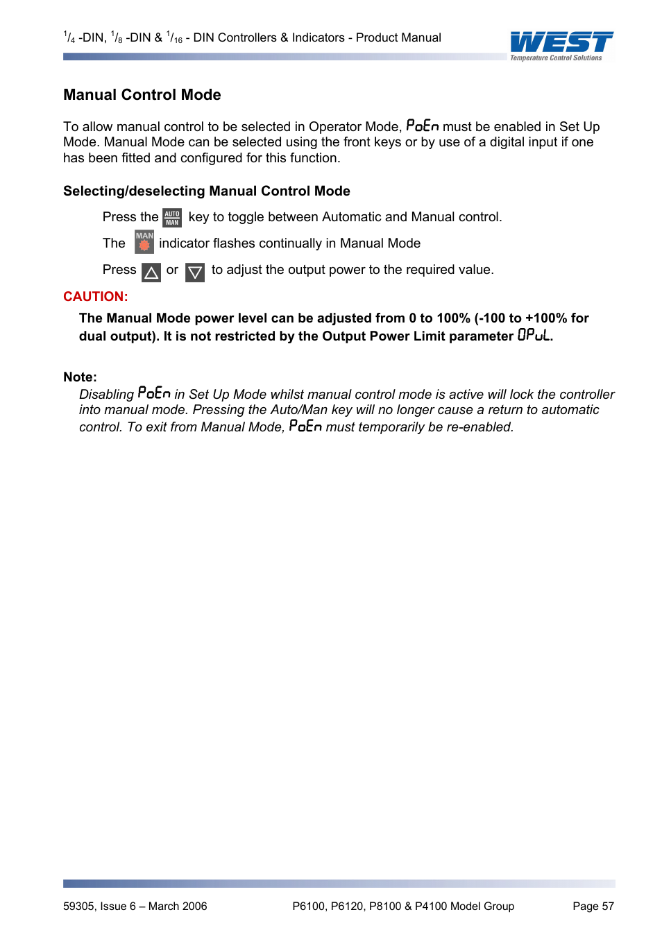 Manual control mode, Selecting/deselecting manual control mode | Pyromation Series 610 1_16 DIN User Manual | Page 62 / 177