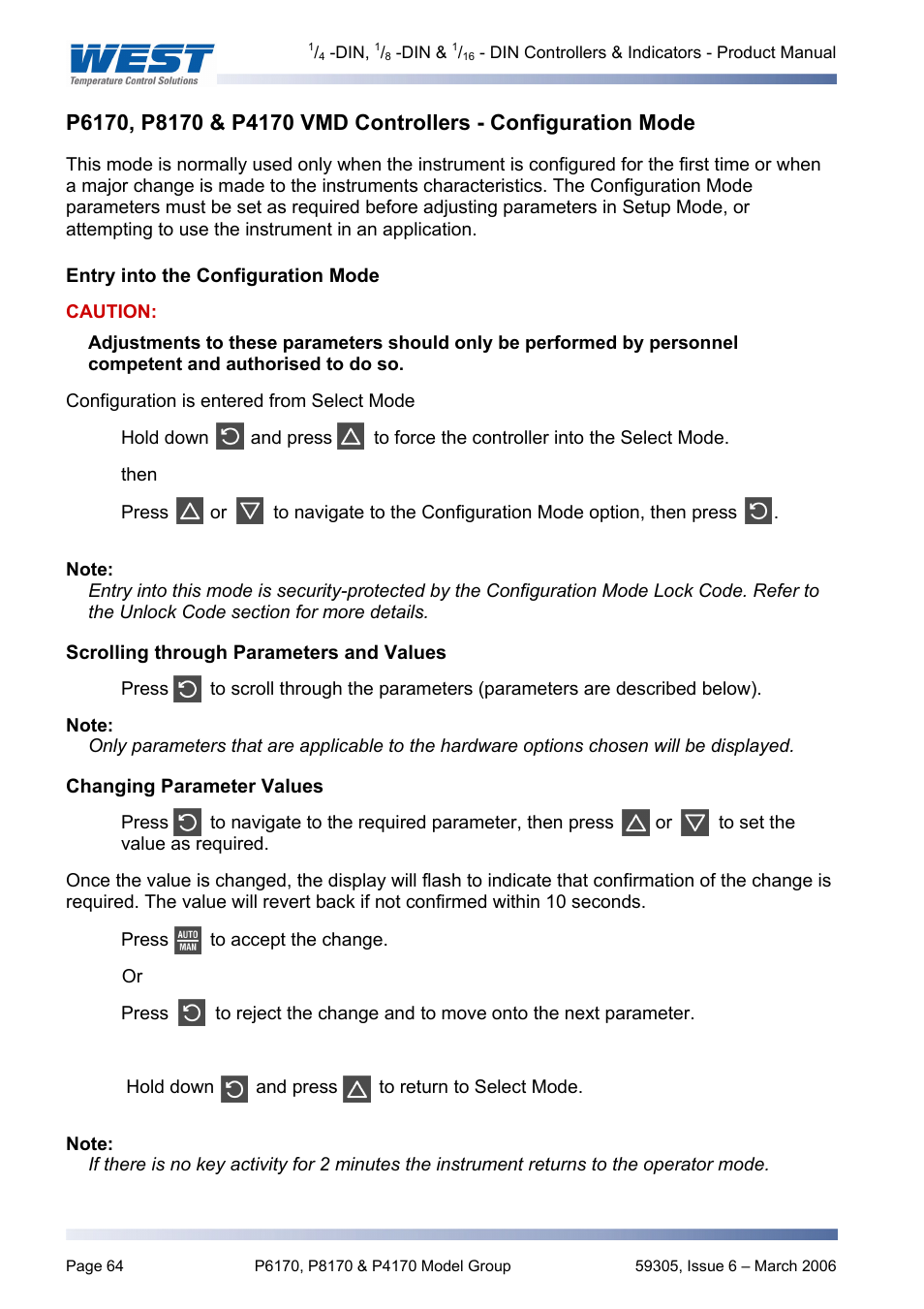Entry into the configuration mode, Scrolling through parameters and values, Changing parameter values | Pyromation Series 610 1_16 DIN User Manual | Page 69 / 177