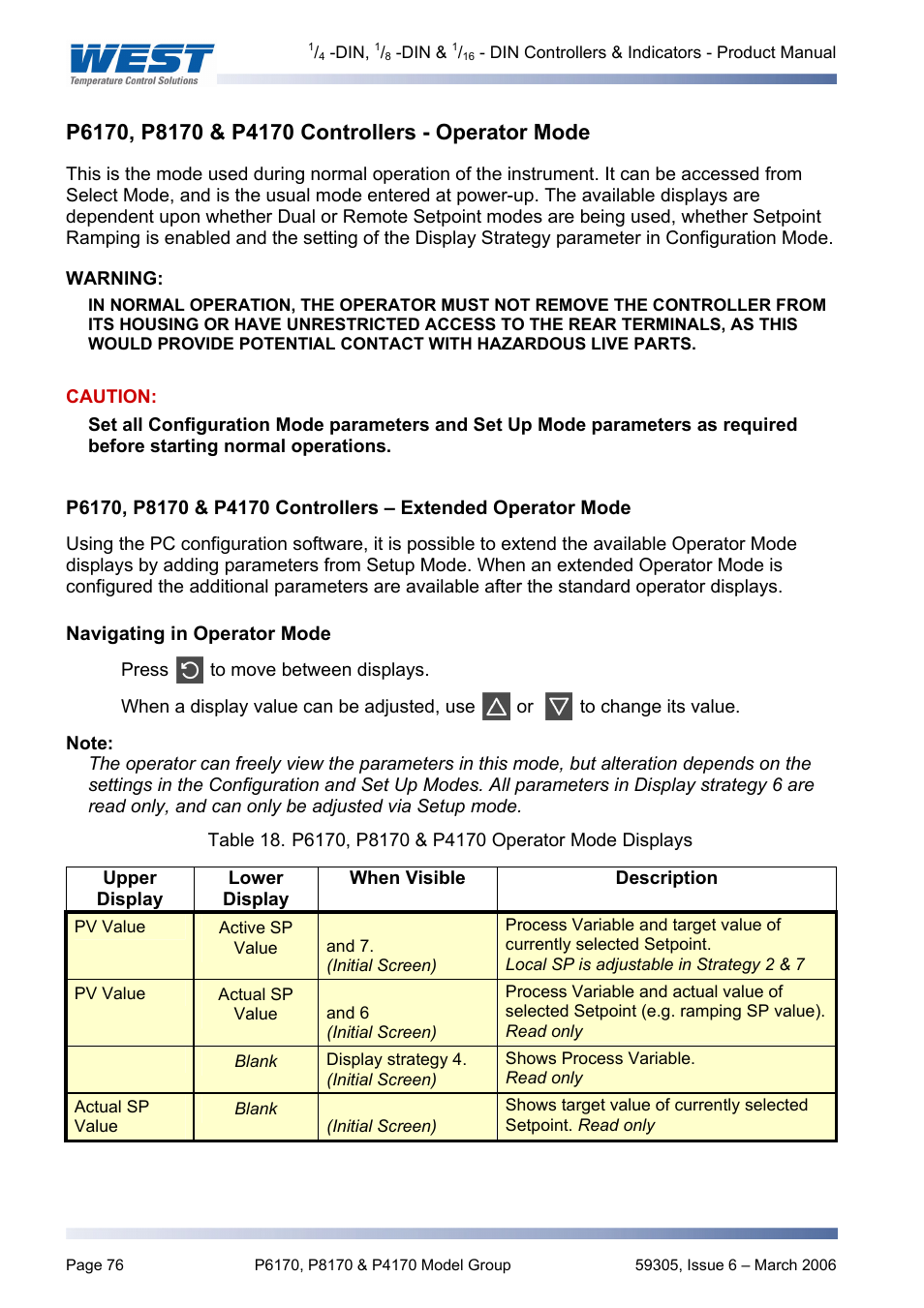 P6170, p8170 & p4170 controllers - operator mode, P6170, p8170 & p4170 controllers – extended opera, Navigating in operator mode | Pyromation Series 610 1_16 DIN User Manual | Page 81 / 177