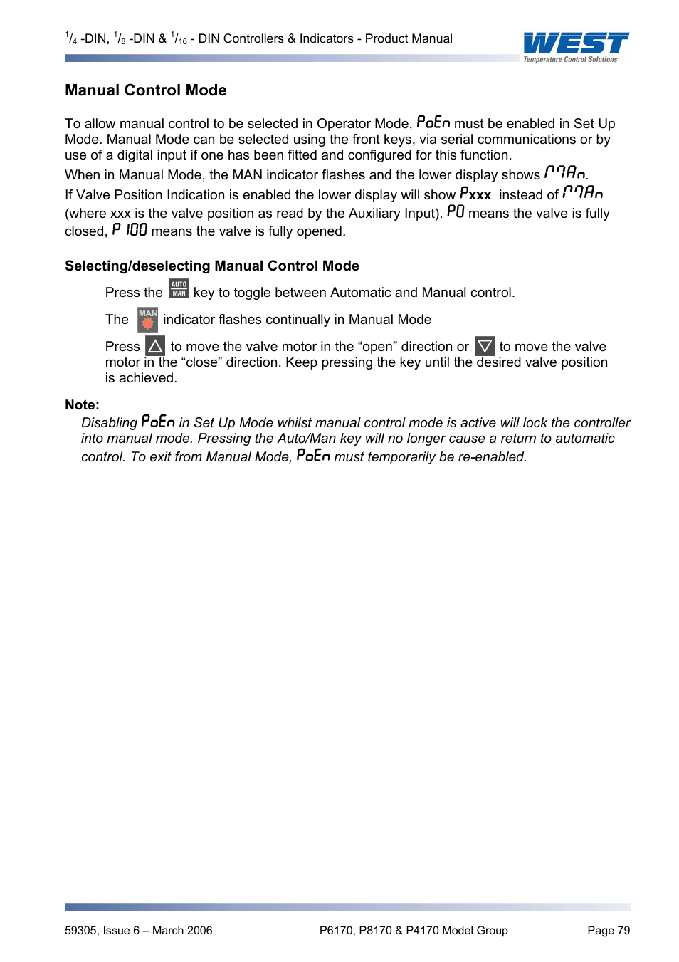 Manual control mode, Selecting/deselecting manual control mode | Pyromation Series 610 1_16 DIN User Manual | Page 84 / 177