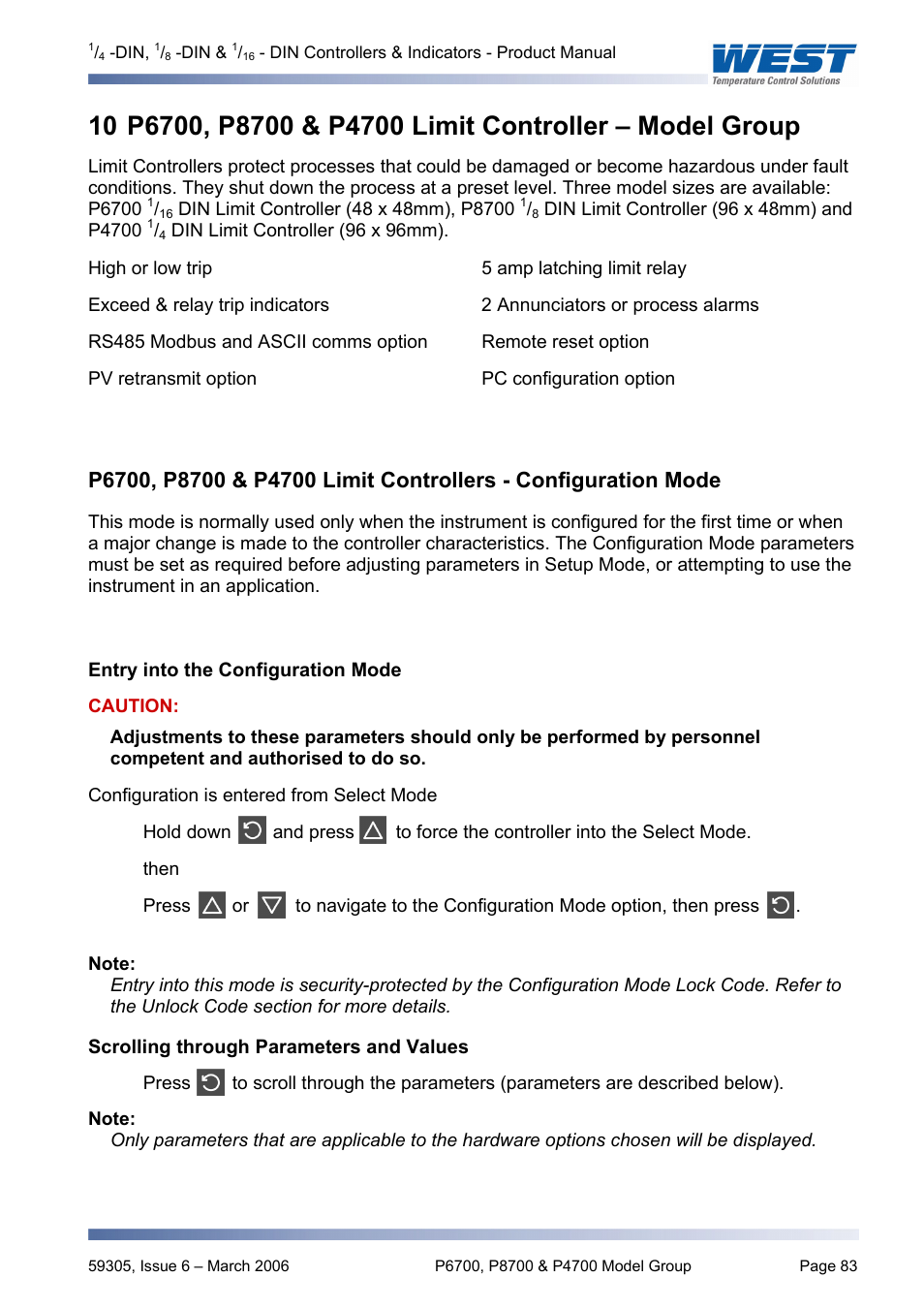 P6700, p8700 & p4700 limit controller – model gro, Entry into the configuration mode, Scrolling through parameters and values | P6700, p8700 & p4700 model group, P4700, p6700 &, p8700 | Pyromation Series 610 1_16 DIN User Manual | Page 88 / 177