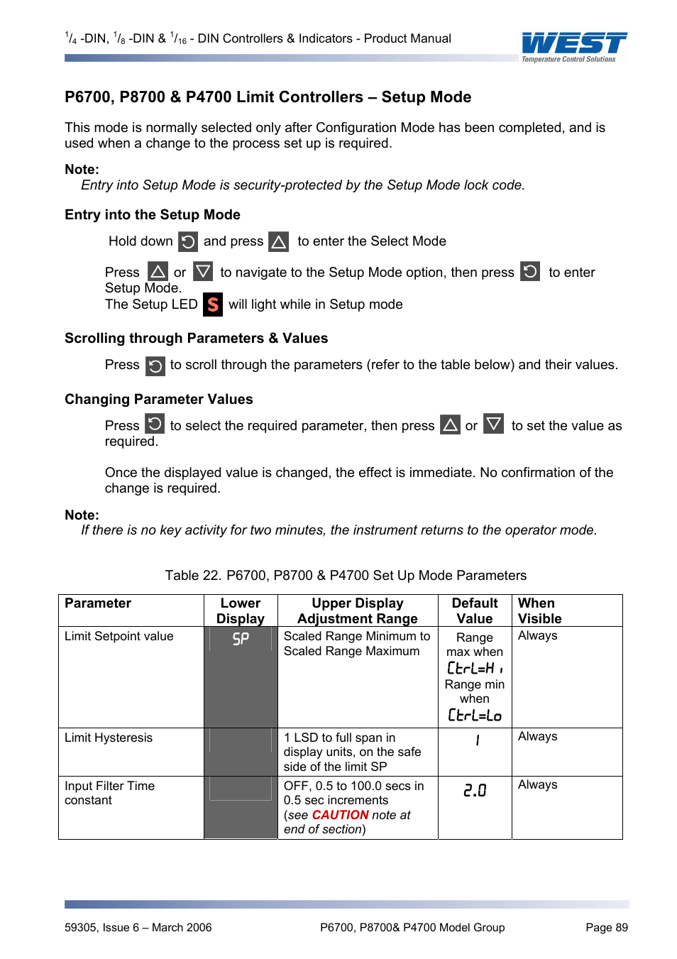P6700, p8700 & p4700 limit controllers – setup mo, Entry into the setup mode, Scrolling through parameters & values | Changing parameter values | Pyromation Series 610 1_16 DIN User Manual | Page 94 / 177