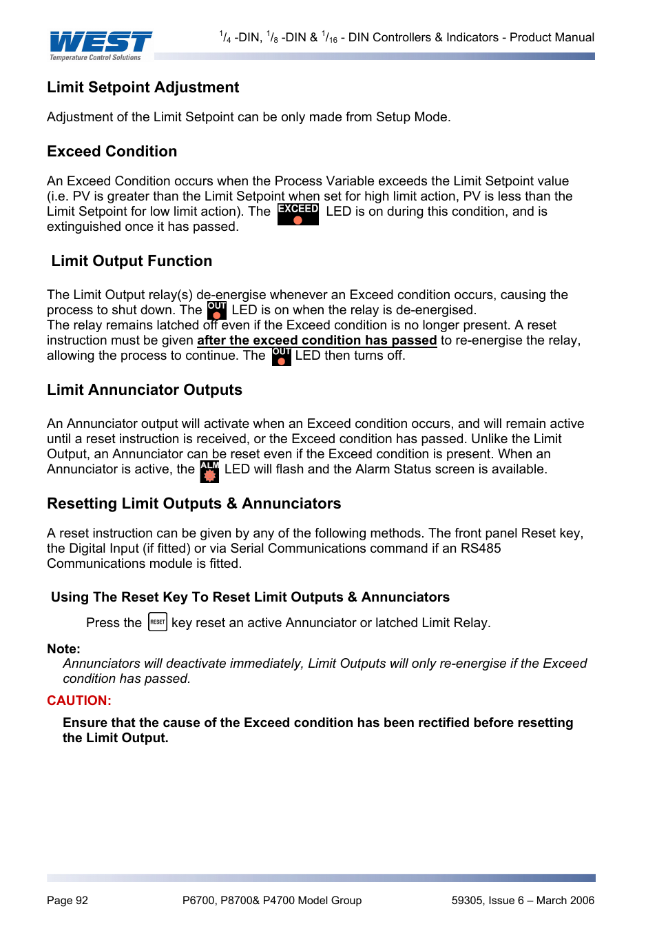 Limit setpoint adjustment, Exceed condition, Limit output function | Limit annunciator outputs, Resetting limit outputs & annunciators | Pyromation Series 610 1_16 DIN User Manual | Page 97 / 177