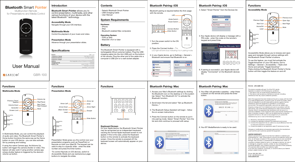 Satechi Bluetooth Smart Pointer Mobile Presenter and Remote Control User Manual | 1 page