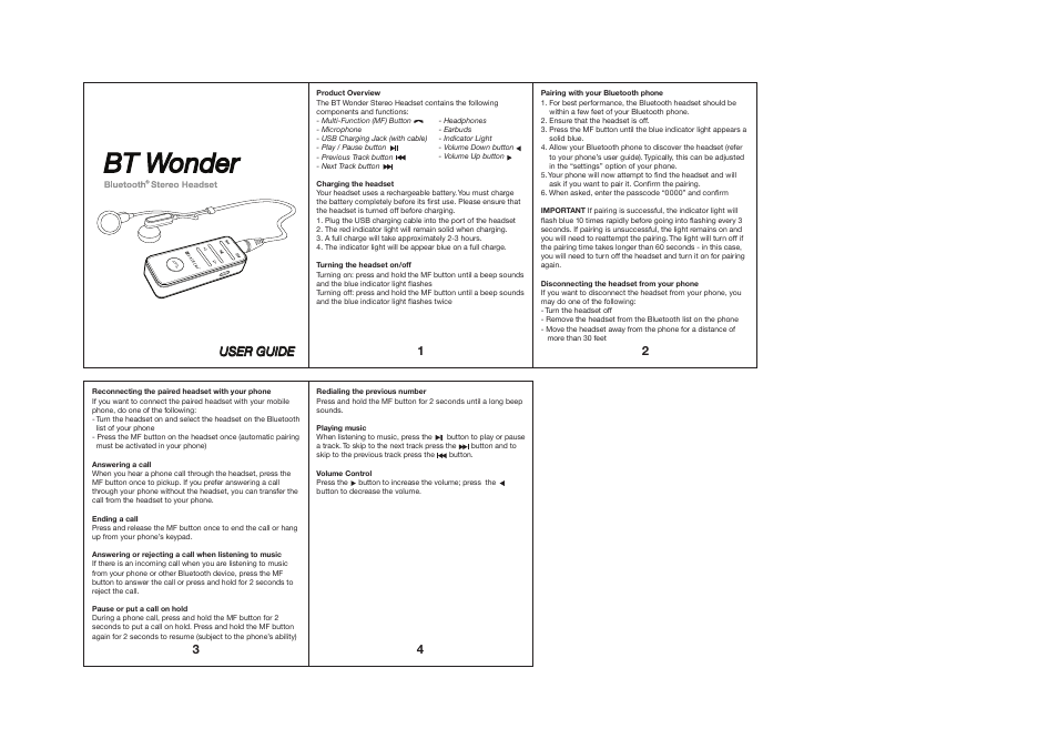 Satechi Bluetooth Wonder Wireless Stereo Receiver Headset User Manual | 1 page