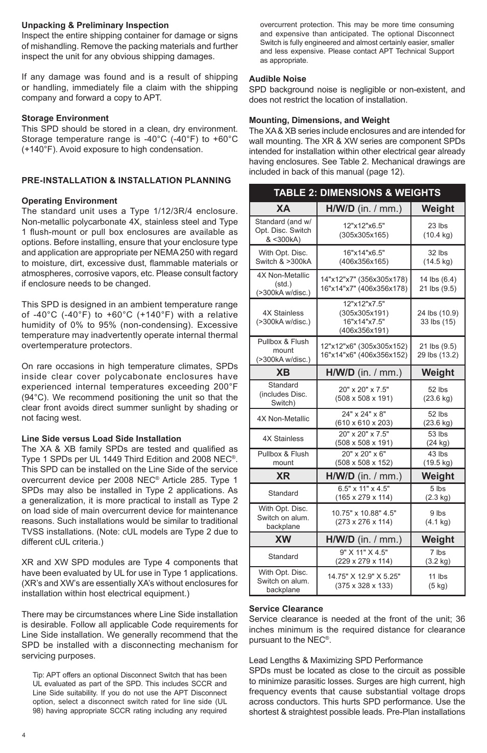 Xb h/w/d (in. / mm.) weight, Xr h/w/d (in. / mm.) weight, Xw h/w/d (in. / mm.) weight | Advanced Protection XRL User Manual | Page 4 / 28