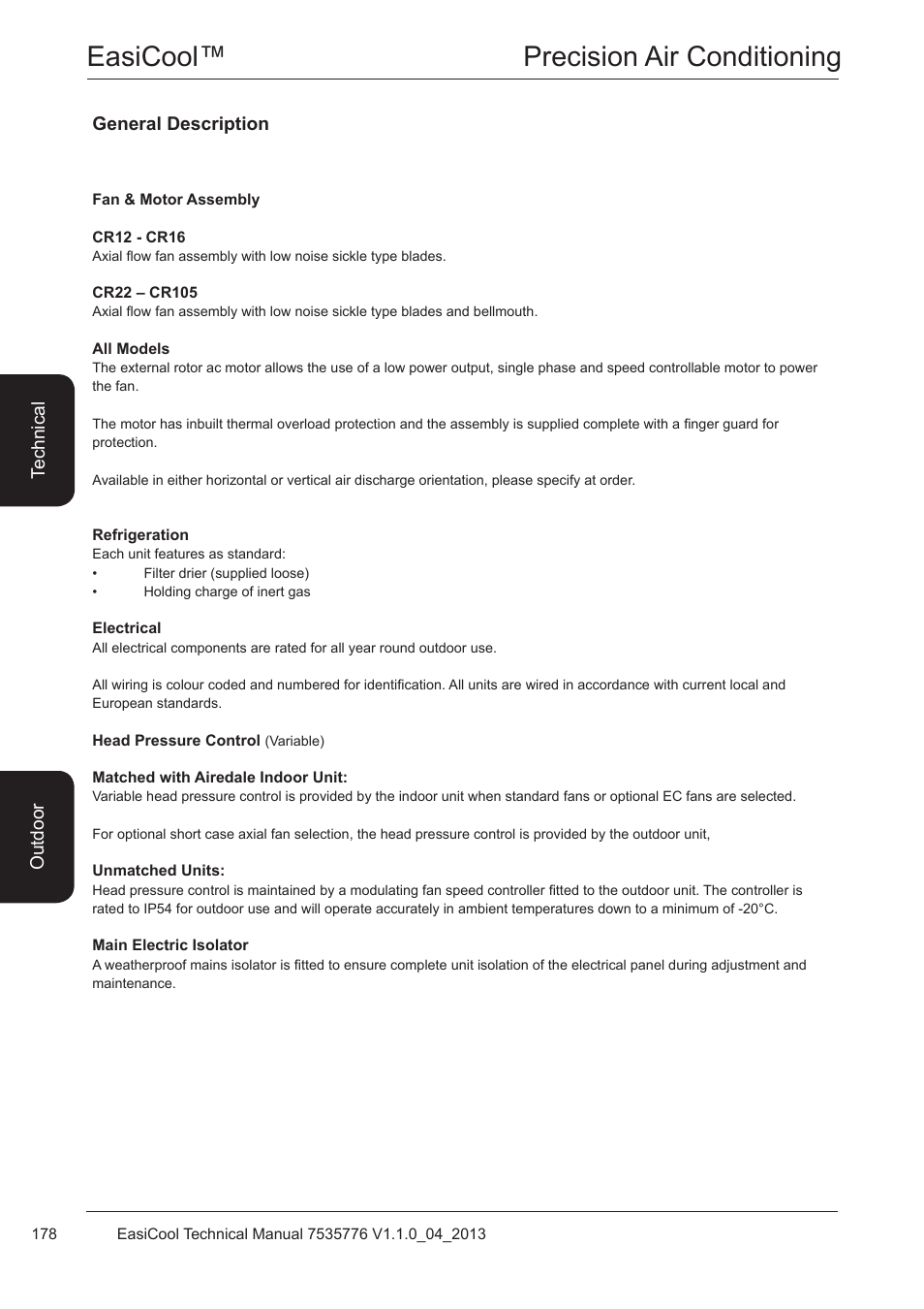 Fan & motor assembly, Refrigeration, Electrical | Head pressure control (variable), Easicool™ precision air conditioning | Airedale EasiCool 6kW  64kW User Manual | Page 178 / 196