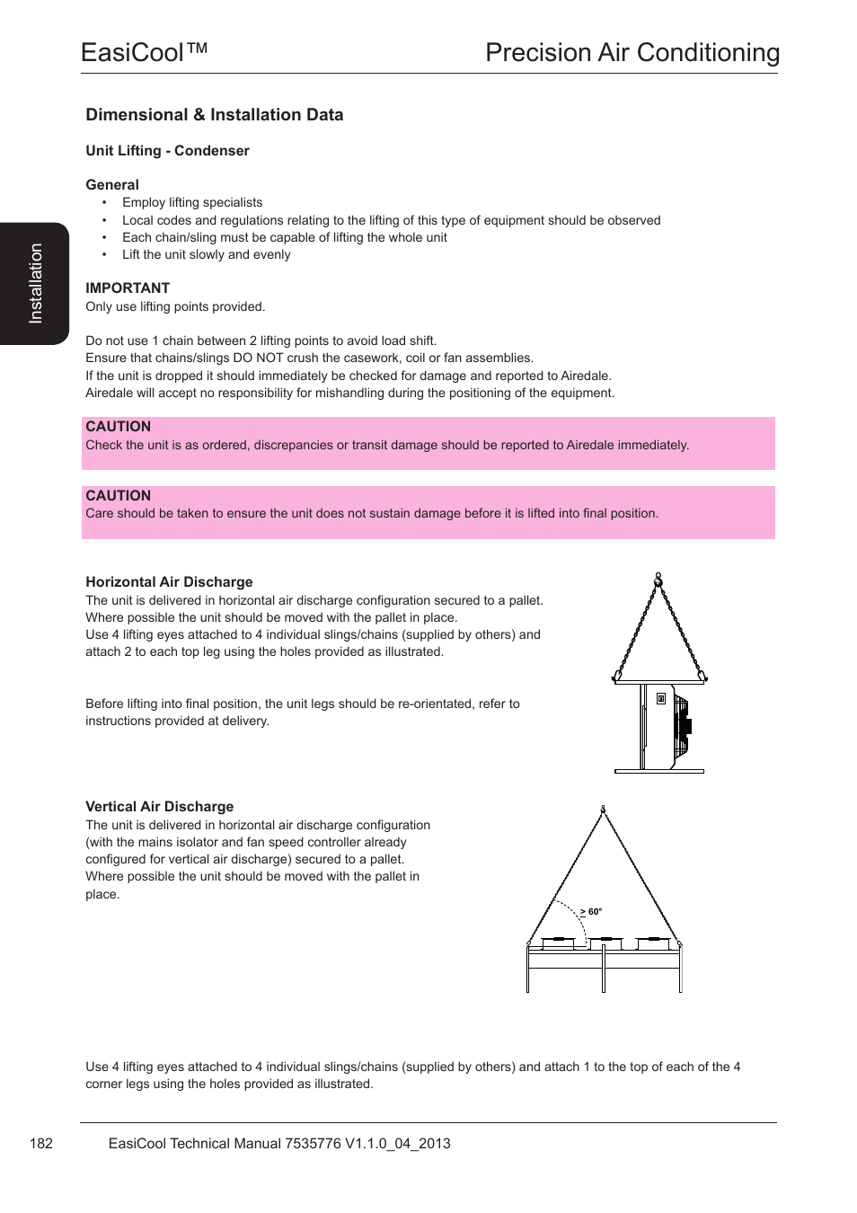 Unit lifting - condenser, Easicool™ precision air conditioning | Airedale EasiCool 6kW  64kW User Manual | Page 182 / 196