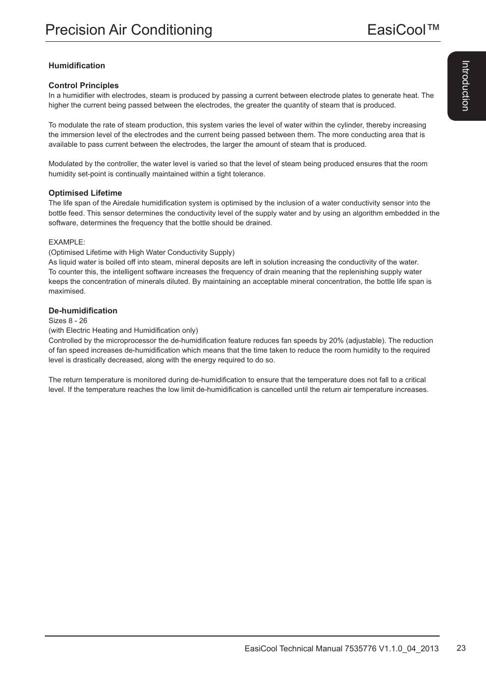 Humidification, Easicool™ precision air conditioning | Airedale EasiCool 6kW  64kW User Manual | Page 23 / 196