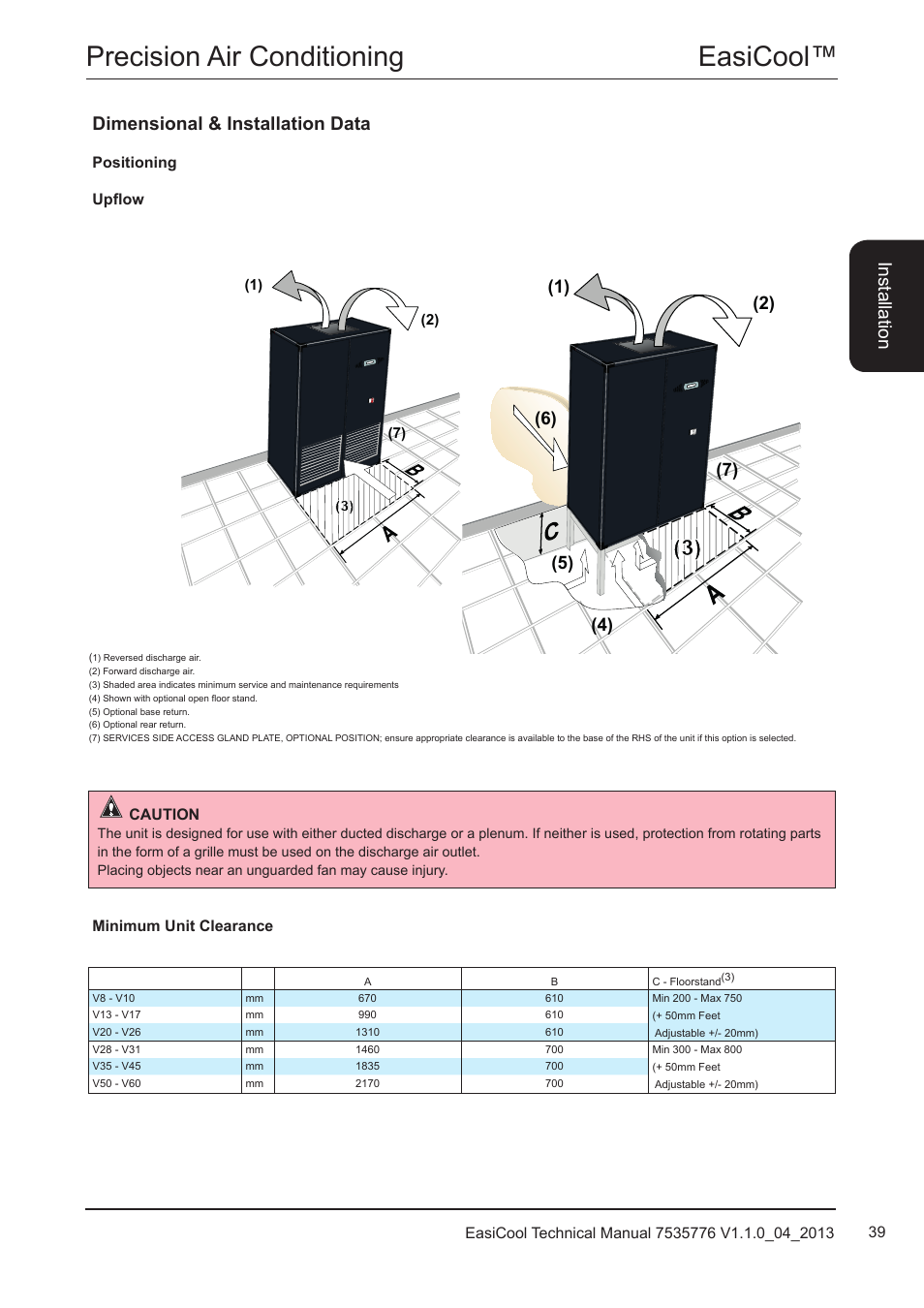 Easicool™ precision air conditioning, Dimensional & installation data, Ins ta lla tio n | Airedale EasiCool 6kW  64kW User Manual | Page 39 / 196