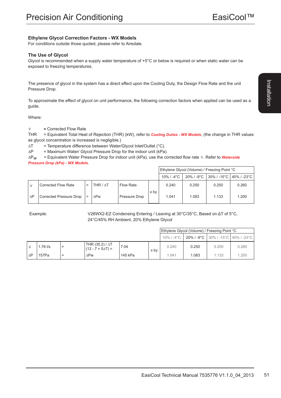 Ethylene glycol correction factors - wx models, Easicool™ precision air conditioning, Ins ta lla tio n | Airedale EasiCool 6kW  64kW User Manual | Page 51 / 196
