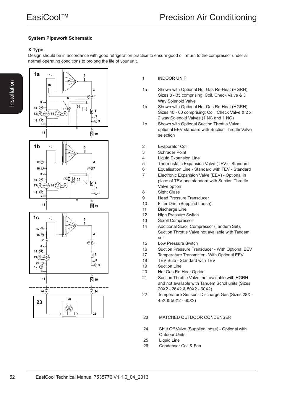 System pipework schematic, Easicool™ precision air conditioning, Ins ta lla tio n | Airedale EasiCool 6kW  64kW User Manual | Page 52 / 196