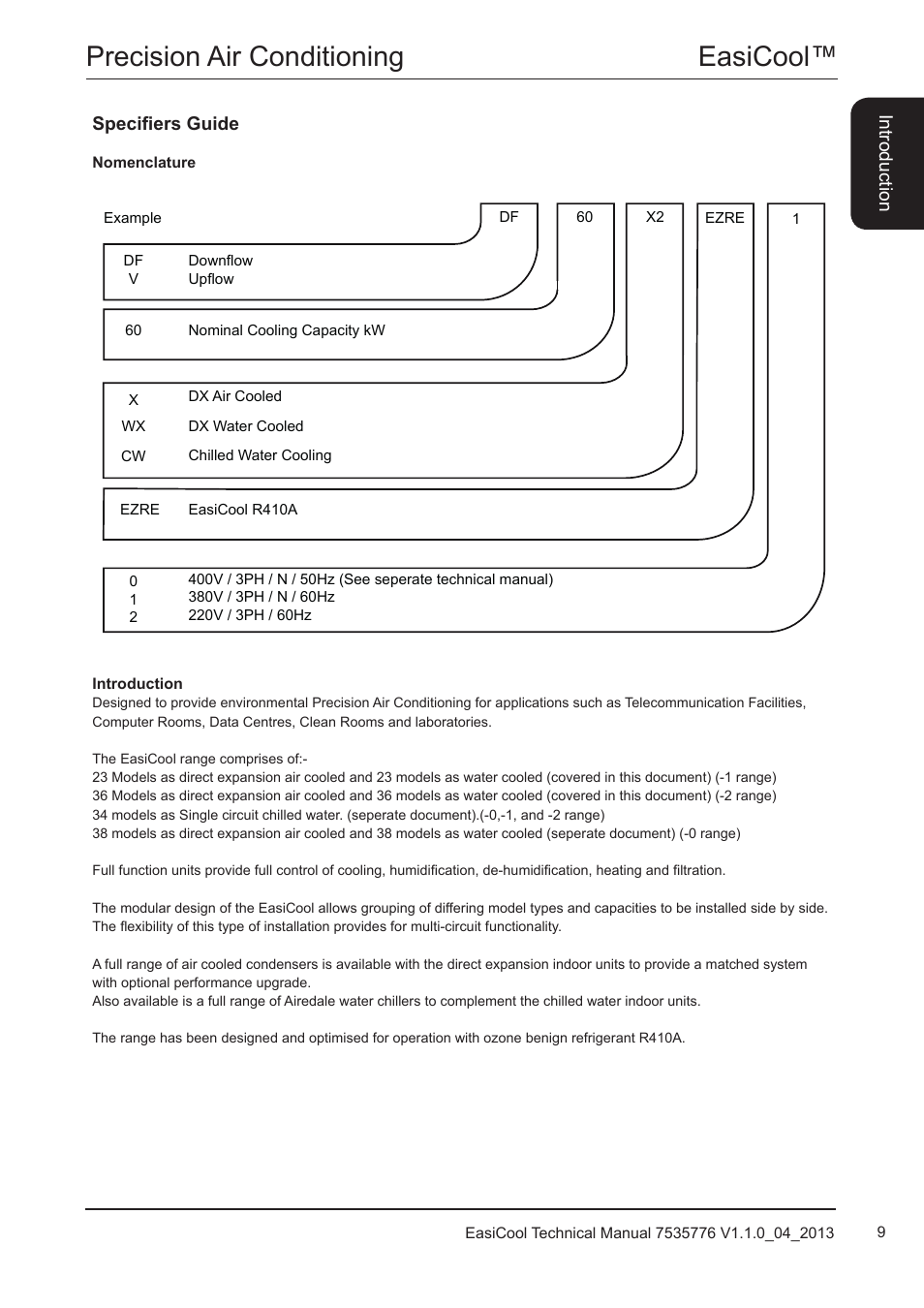 Specifiers guide, Nomenclature, Introduction | Easicool™ precision air conditioning | Airedale EasiCool 6kW  64kW User Manual | Page 9 / 196