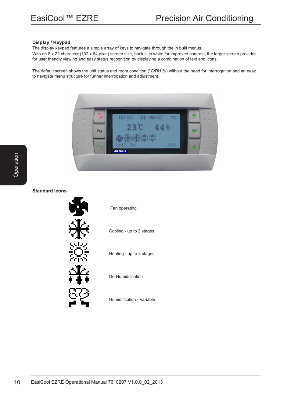 Display / keypad, Standard icons, Easicool™ ezre precision air conditioning | Airedale EasiCool 6kW  64kW User Manual | Page 10 / 34
