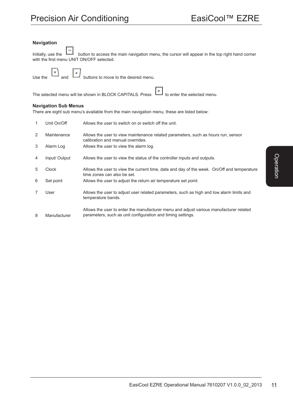 Navigation, Navigation sub menus, Navigation 11 navigation sub menus | Precision air conditioning easicool™ ezre, Ope ra tion | Airedale EasiCool 6kW  64kW User Manual | Page 11 / 34
