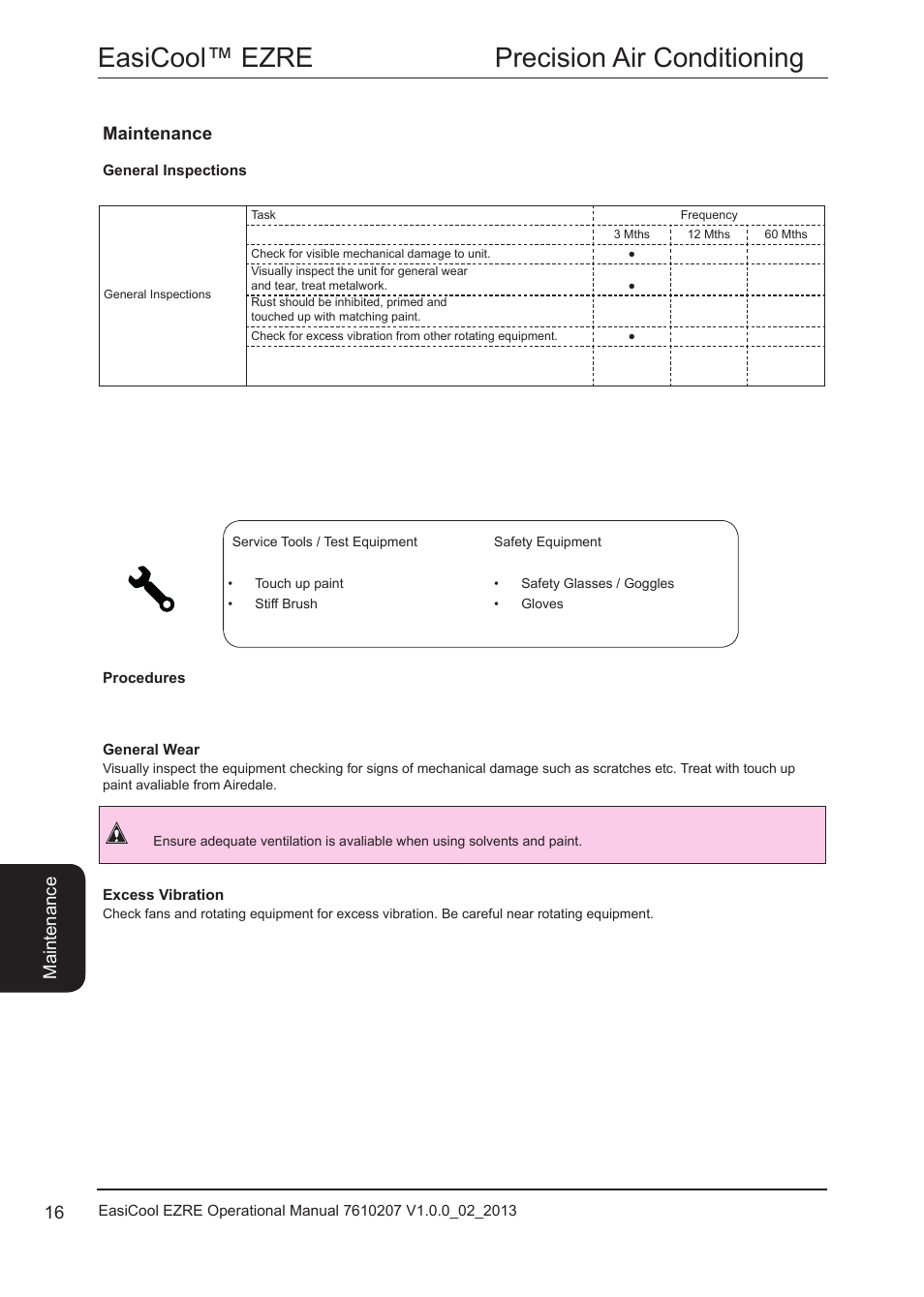 Maintenance, General inspections, Maintenance 16 | Easicool™ ezre precision air conditioning | Airedale EasiCool 6kW  64kW User Manual | Page 16 / 34