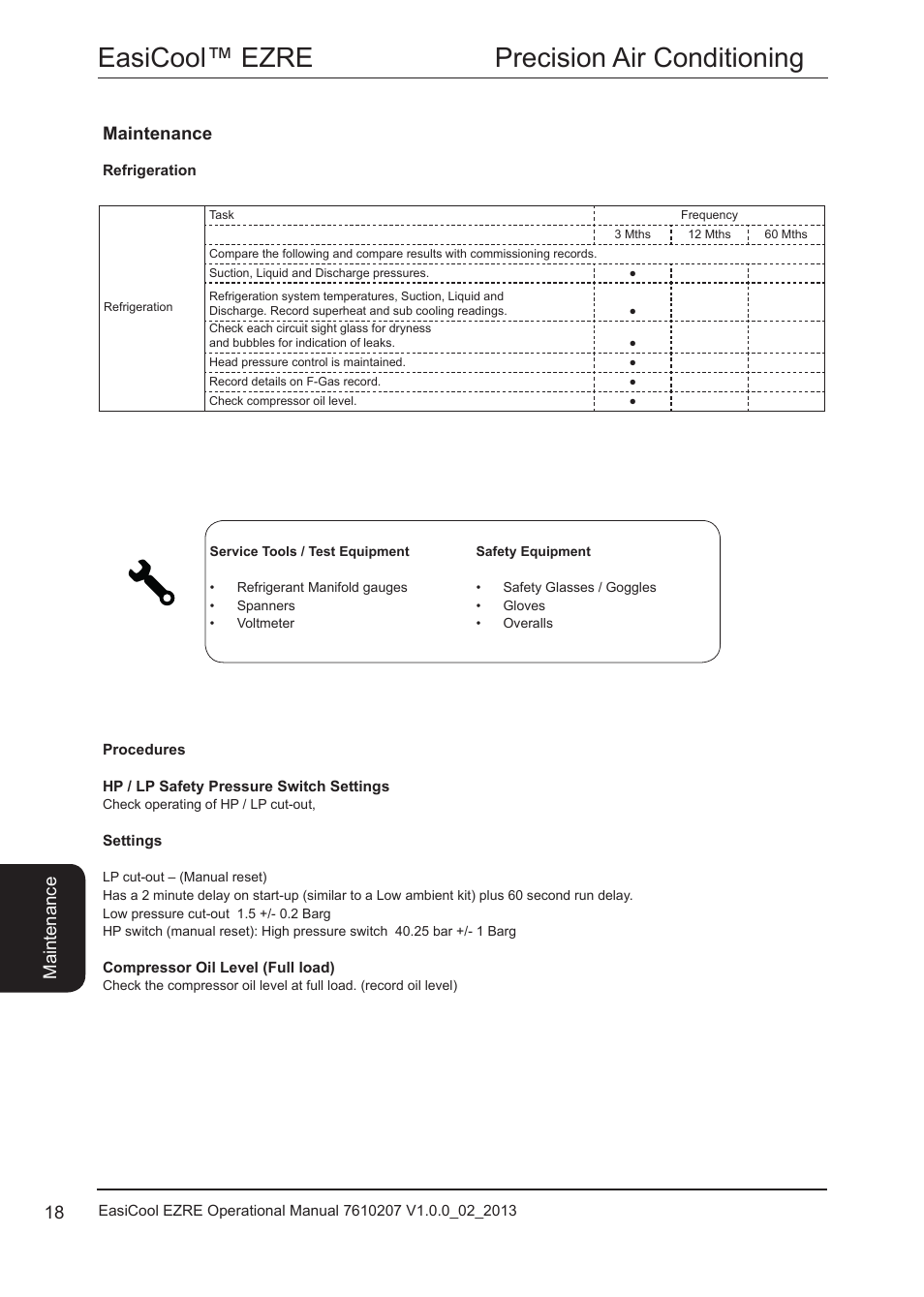 Refrigeration, Refrigeration 18, Easicool™ ezre precision air conditioning | Main te nanc e, Maintenance | Airedale EasiCool 6kW  64kW User Manual | Page 18 / 34