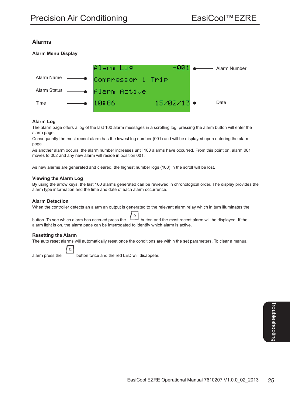Alarms, Alarm menu display, Alarms 25 | Precision air conditioning easicool™ezre | Airedale EasiCool 6kW  64kW User Manual | Page 25 / 34