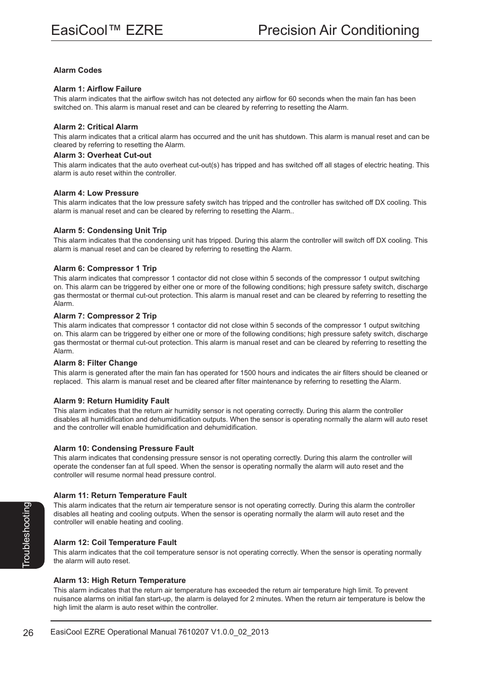 Alarm codes, Easicool™ ezre precision air conditioning | Airedale EasiCool 6kW  64kW User Manual | Page 26 / 34