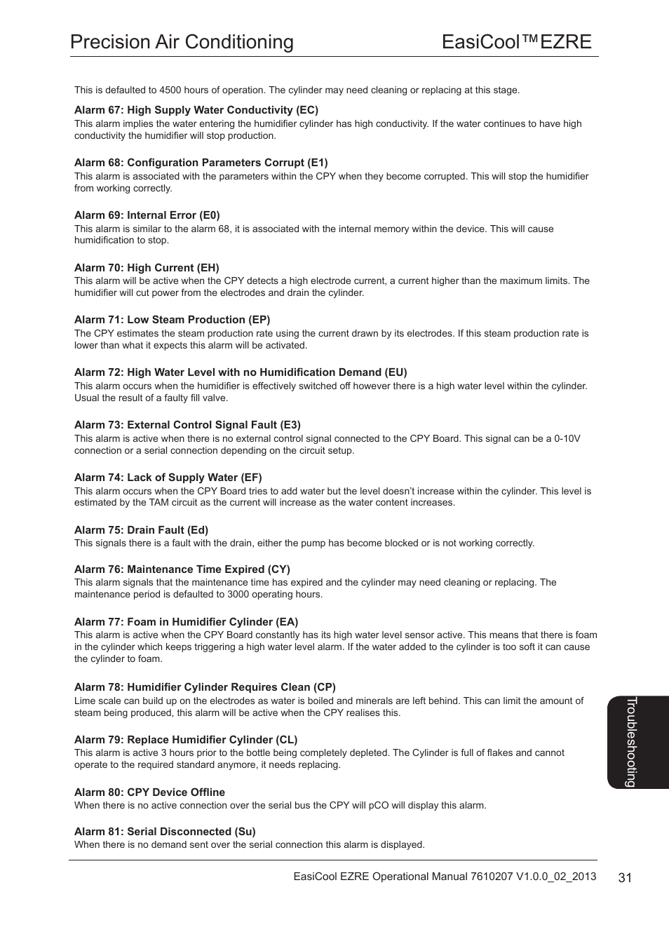 Cpy board alarms, Precision air conditioning easicool™ezre | Airedale EasiCool 6kW  64kW User Manual | Page 31 / 34
