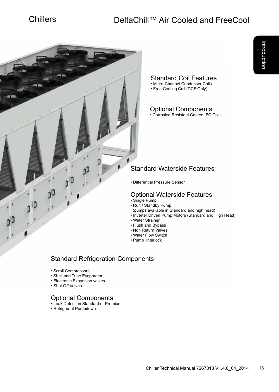 Chillers deltachill™ air cooled and freecool, Standard refrigeration components, Optional components | Standard condenser fans, Standard waterside features, Optional waterside features, Standard coil features, Optional condenser fan components | Airedale DeltaChill FreeCool 110kW - 1080kW User Manual | Page 13 / 286