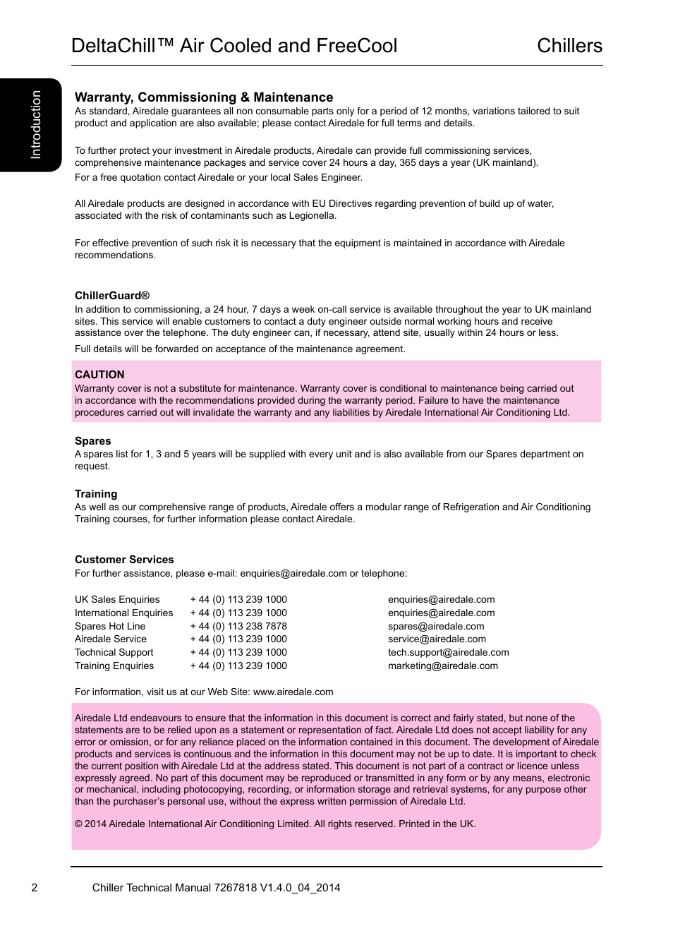 Chillers, Deltachill™ air cooled and freecool | Airedale DeltaChill FreeCool 110kW - 1080kW User Manual | Page 2 / 286