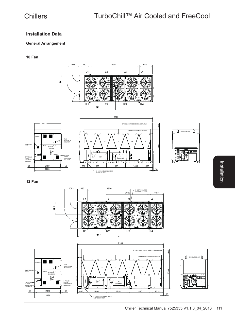 Chillers turbochill™ air cooled and freecool, Installation data, 10 fan 12 fan | General arrangement | Airedale TurboChill FreeCool 200kW - 1830kW User Manual | Page 111 / 144