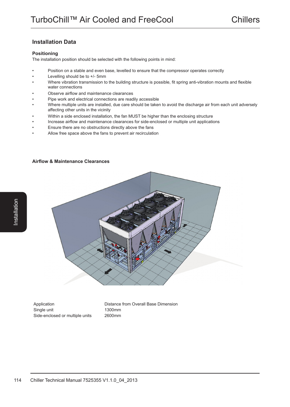 Positioning, Airflow & maintenance clearances, Positioning 114 airflow & maintenance clearances | Chillers turbochill™ air cooled and freecool | Airedale TurboChill FreeCool 200kW - 1830kW User Manual | Page 114 / 144