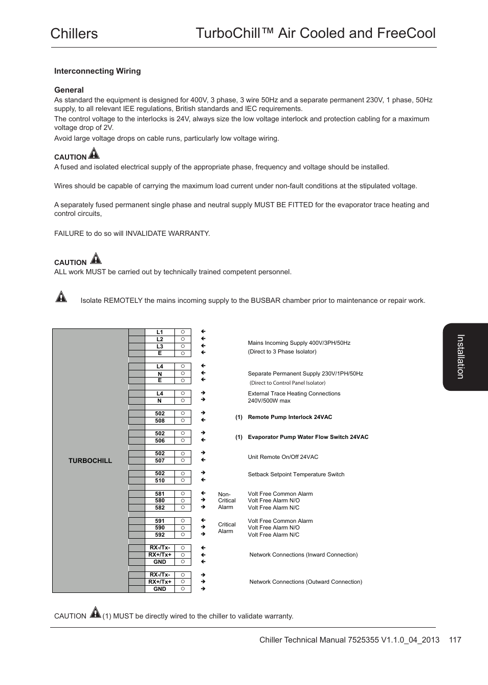 Interconnecting wiring, Chillers turbochill™ air cooled and freecool, Interconnecting wiring general | Airedale TurboChill FreeCool 200kW - 1830kW User Manual | Page 117 / 144