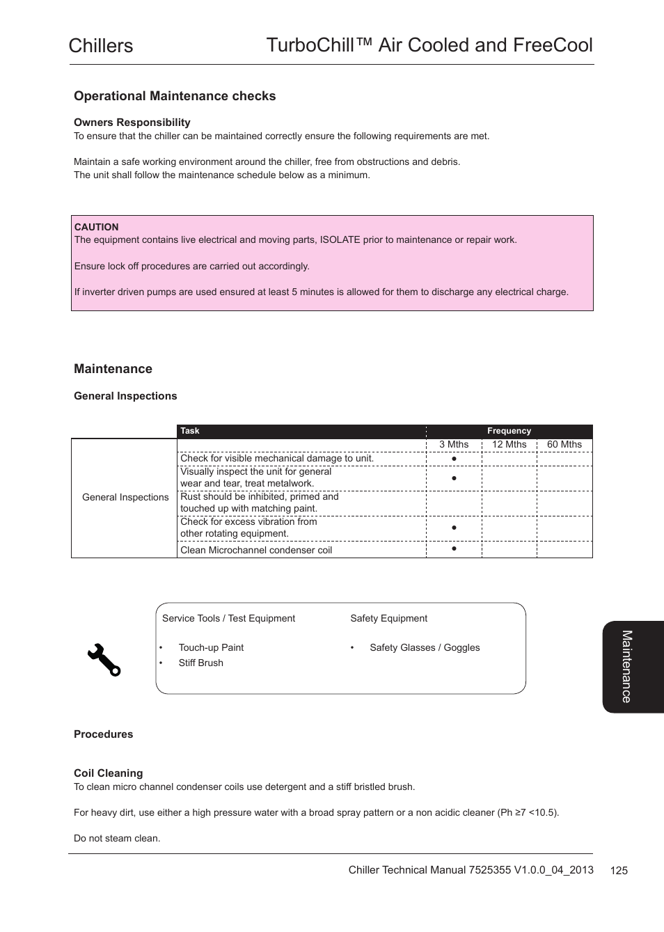 Maintenance, General inspections, Maintenance 125 | Chillers turbochill™ air cooled and freecool | Airedale TurboChill FreeCool 200kW - 1830kW User Manual | Page 125 / 144