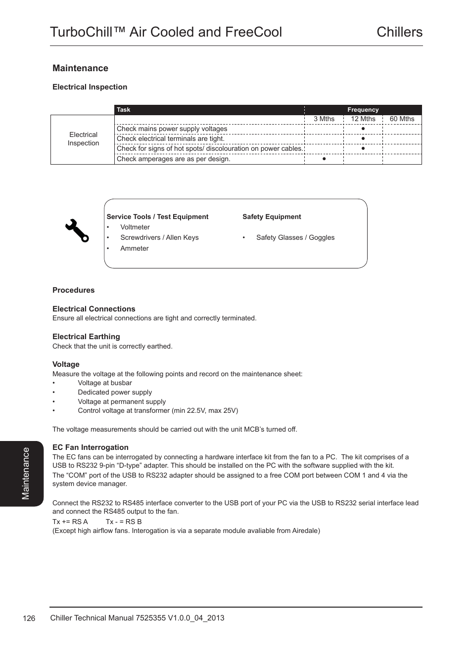 Electrical inspection, Chillers turbochill™ air cooled and freecool | Airedale TurboChill FreeCool 200kW - 1830kW User Manual | Page 126 / 144