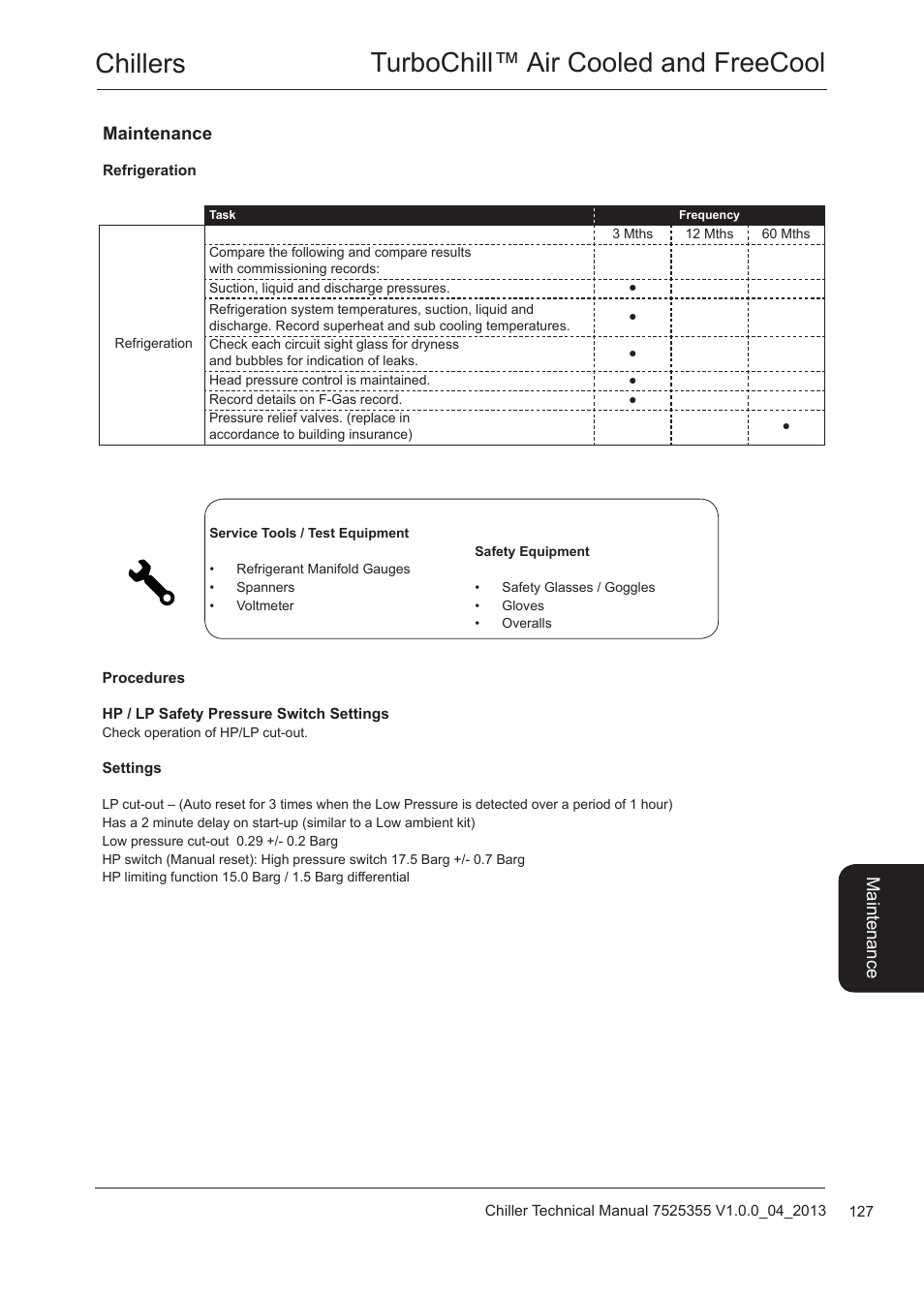 Refrigeration, Refrigeration 127, Chillers turbochill™ air cooled and freecool | Airedale TurboChill FreeCool 200kW - 1830kW User Manual | Page 127 / 144