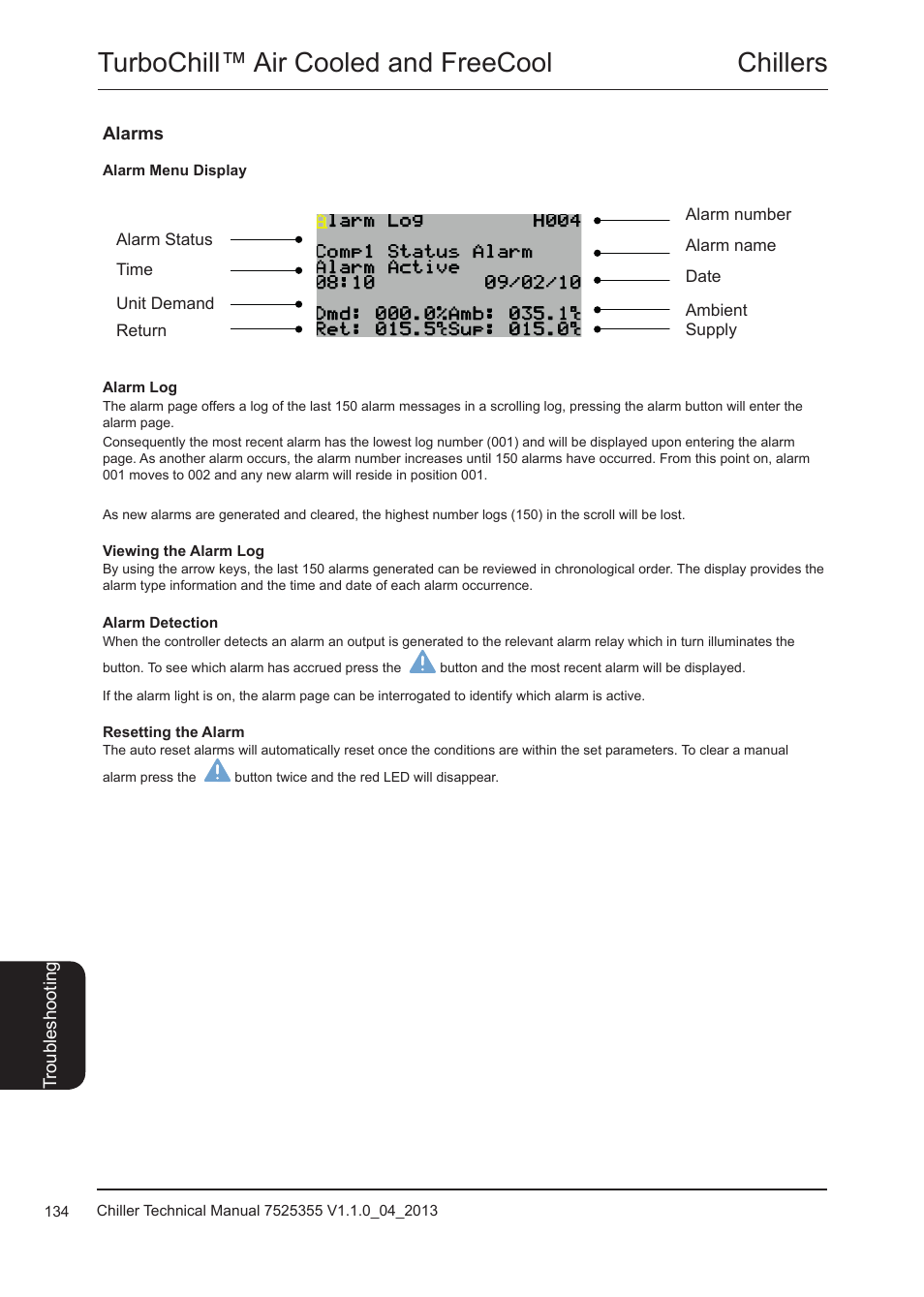 Alarms, Alarm menu display, Alarms 134 | Chillers turbochill™ air cooled and freecool | Airedale TurboChill FreeCool 200kW - 1830kW User Manual | Page 134 / 144