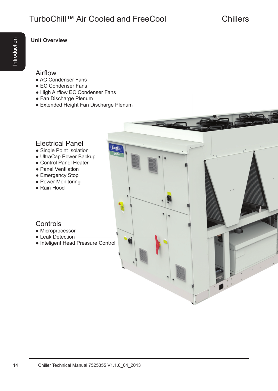 Unit overview, Chillers turbochill™ air cooled and freecool, Airflow | Electrical panel, Refrigeration, Coils, Waterside, Controls | Airedale TurboChill FreeCool 200kW - 1830kW User Manual | Page 14 / 144