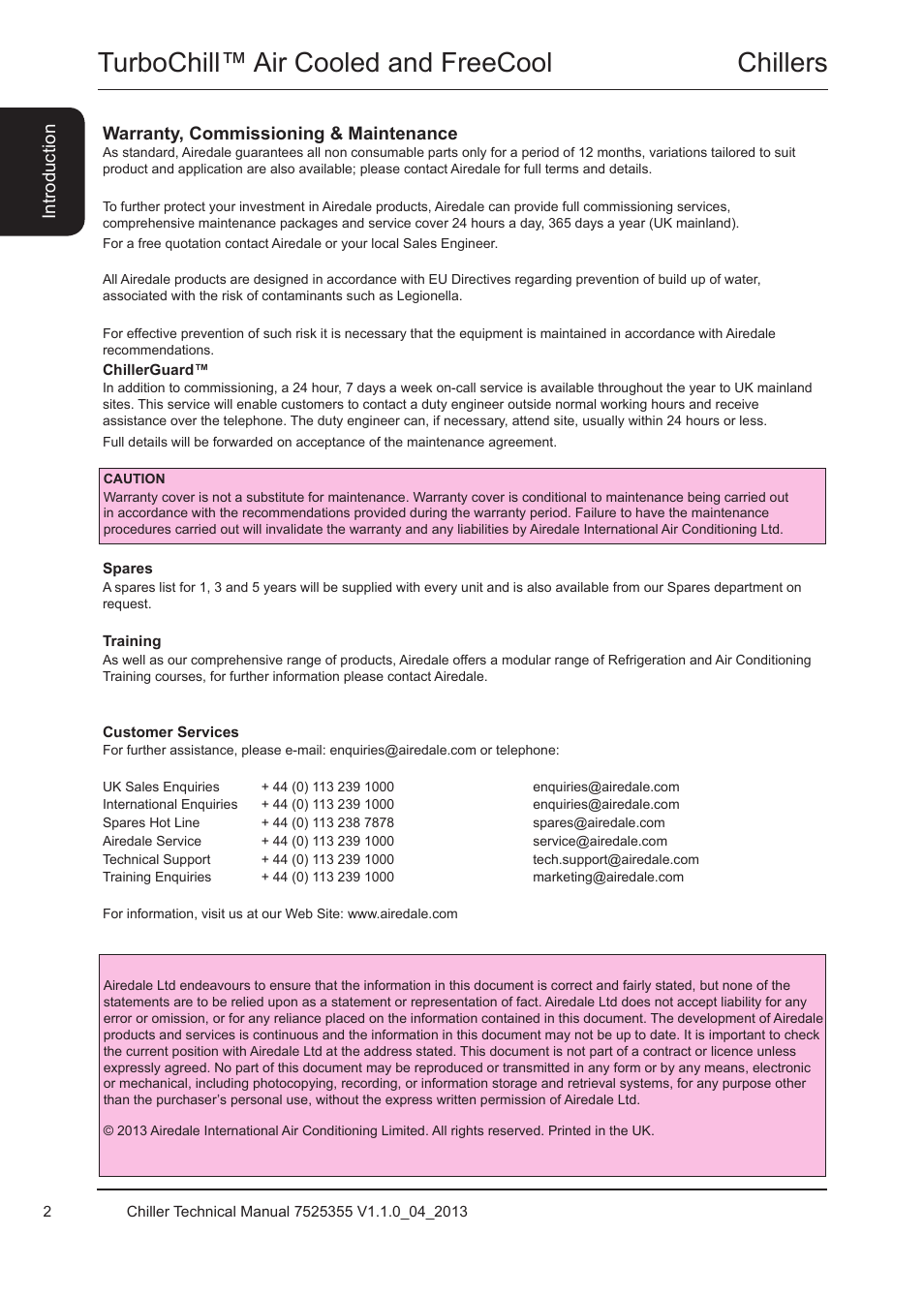 Warranty, commissioning & maintenance, Chillerguard, Customer services | Chillers turbochill™ air cooled and freecool | Airedale TurboChill FreeCool 200kW - 1830kW User Manual | Page 2 / 144