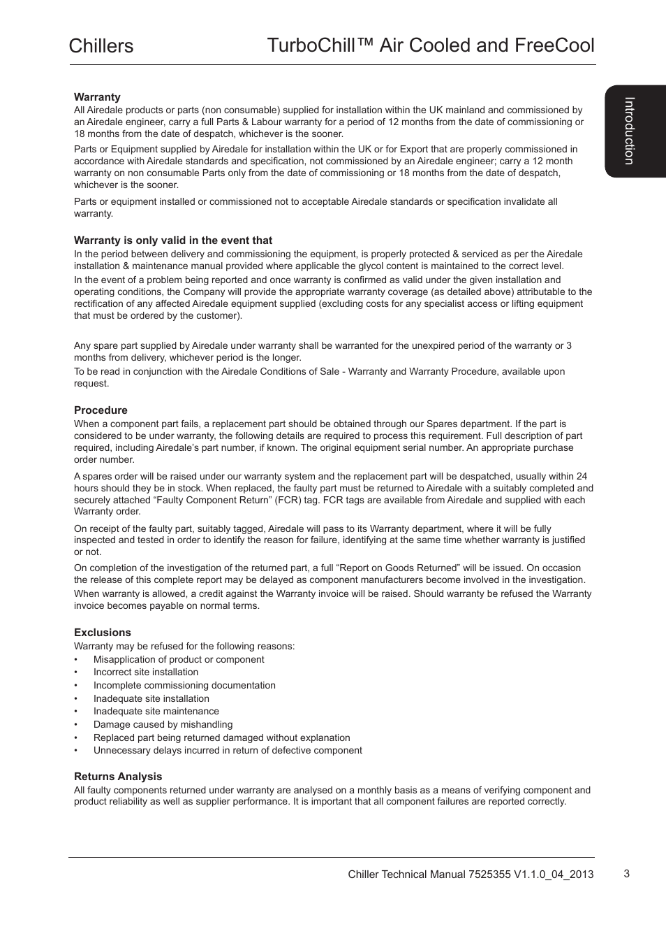 Warranty, Chillers turbochill™ air cooled and freecool | Airedale TurboChill FreeCool 200kW - 1830kW User Manual | Page 3 / 144