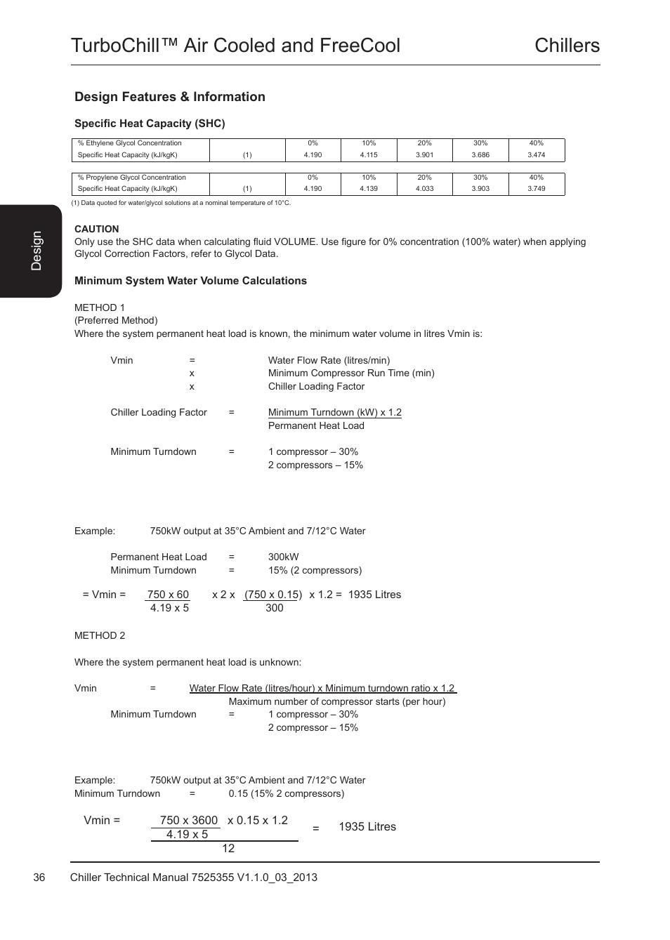 Specific heat capacity (shc), Minimum system water volume calculations, Chillers turbochill™ air cooled and freecool | Desi gn, Design features & information | Airedale TurboChill FreeCool 200kW - 1830kW User Manual | Page 36 / 144