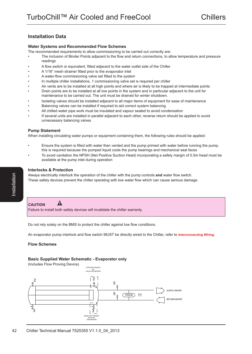 Water systems and recommended flow schemes, Flow schemes, Chillers turbochill™ air cooled and freecool | Installation data | Airedale TurboChill FreeCool 200kW - 1830kW User Manual | Page 42 / 144