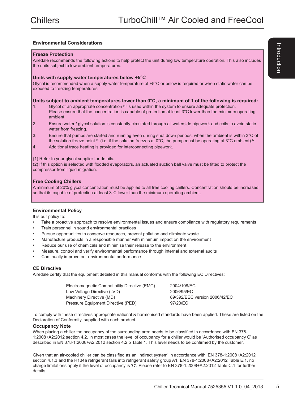 Environmental considerations, Environmental policy, Occupancy note | Chillers turbochill™ air cooled and freecool, Introduction | Airedale TurboChill FreeCool 200kW - 1830kW User Manual | Page 5 / 144