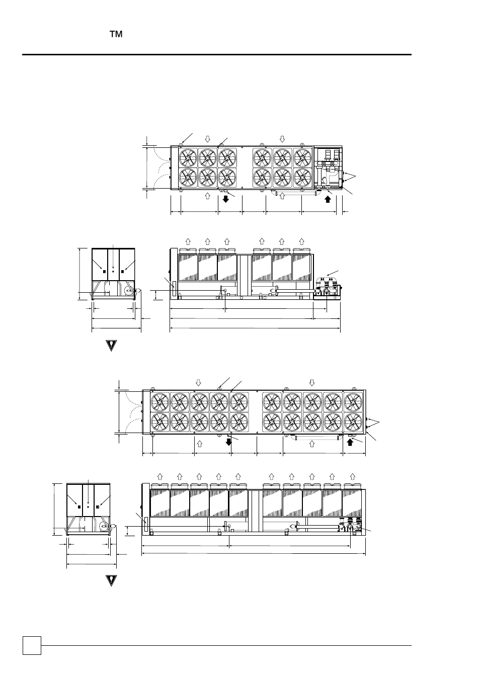 Optichill ™ chillers, Dimensional data, Chillers | Units fitted with optional pump package, 8 - 12 fan units (mm), Important, 14 - 20 fan units (mm) | Airedale OptiChill FreeCool 500kW - 1365kW User Manual | Page 56 / 71