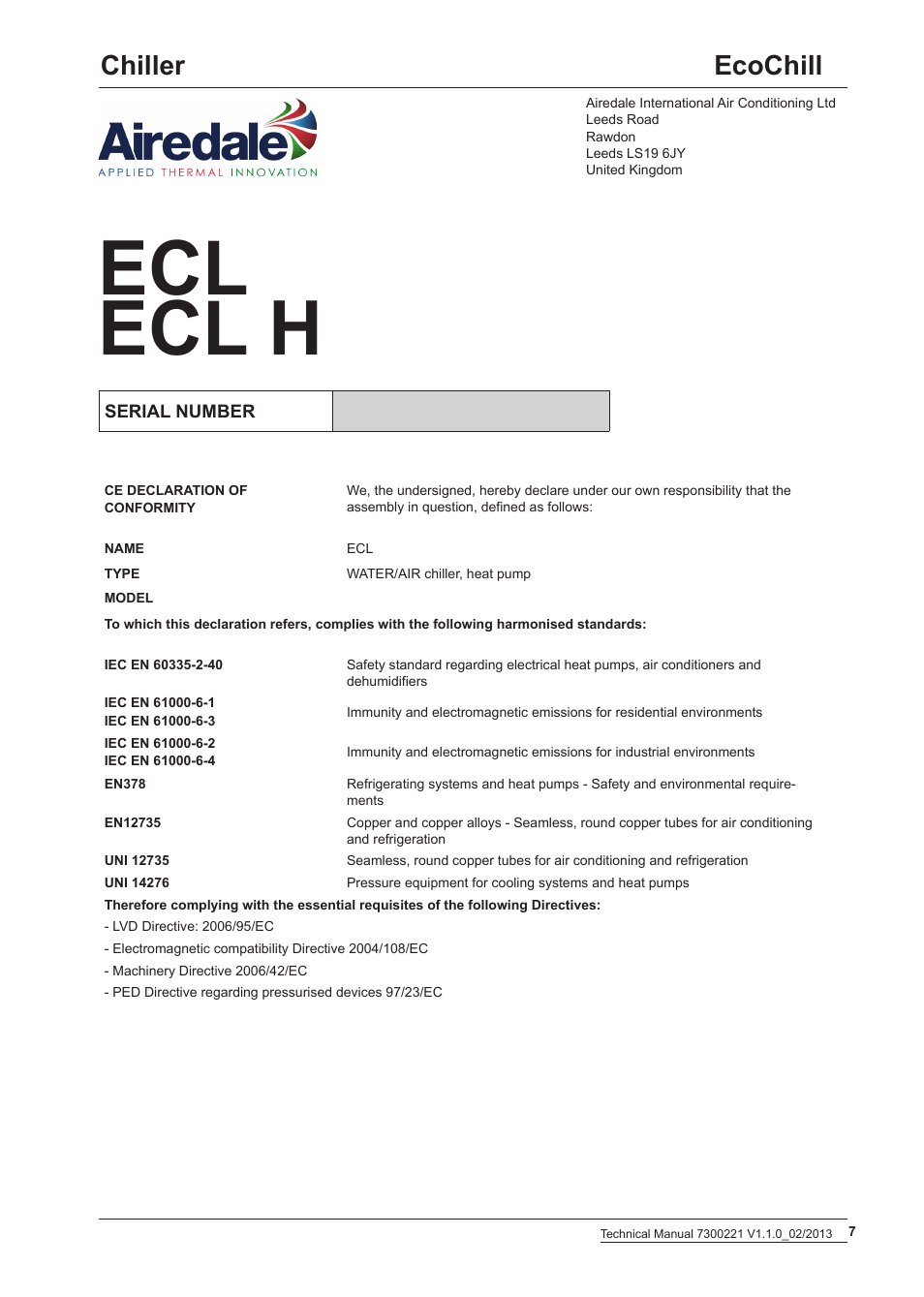 Ecl ecl h, Ecochill chiller | Airedale EcoChill 6kW - 46kW User Manual | Page 7 / 52