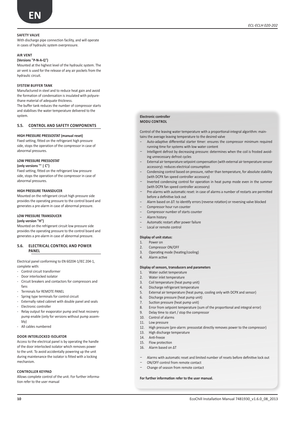 Componenti di controllo e sicurezza, Quadro elettrico di controllo e potenza, Control and safety components | Electrical control and power panel | Airedale EcoChill 6kW - 46kW User Manual | Page 10 / 88
