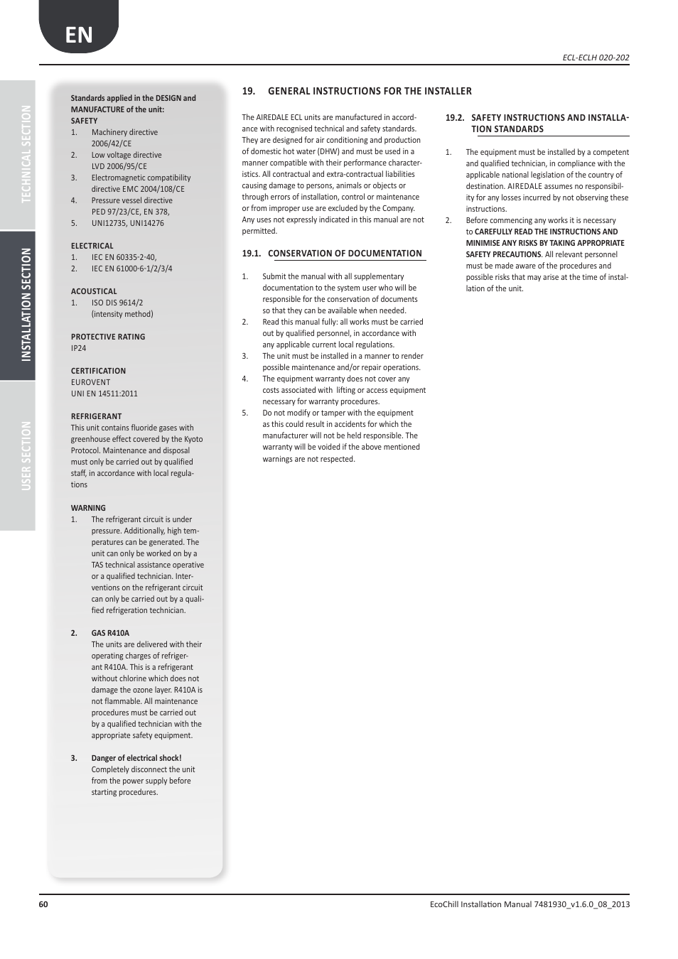 Avvertenze generali per l'installatore, Conservazione della documentazione, Avvertenze sulla sicurezza e norme d'installazione | General instructions for the installer, Conservation of documentation, Safety instructions and installation standards | Airedale EcoChill 6kW - 46kW User Manual | Page 60 / 88