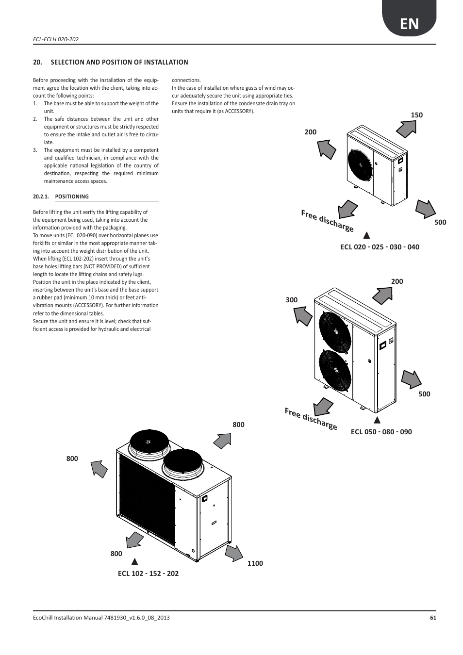 Scelta e luogo d'installazione, Selection and position of installati, Free dischar ge | Airedale EcoChill 6kW - 46kW User Manual | Page 61 / 88