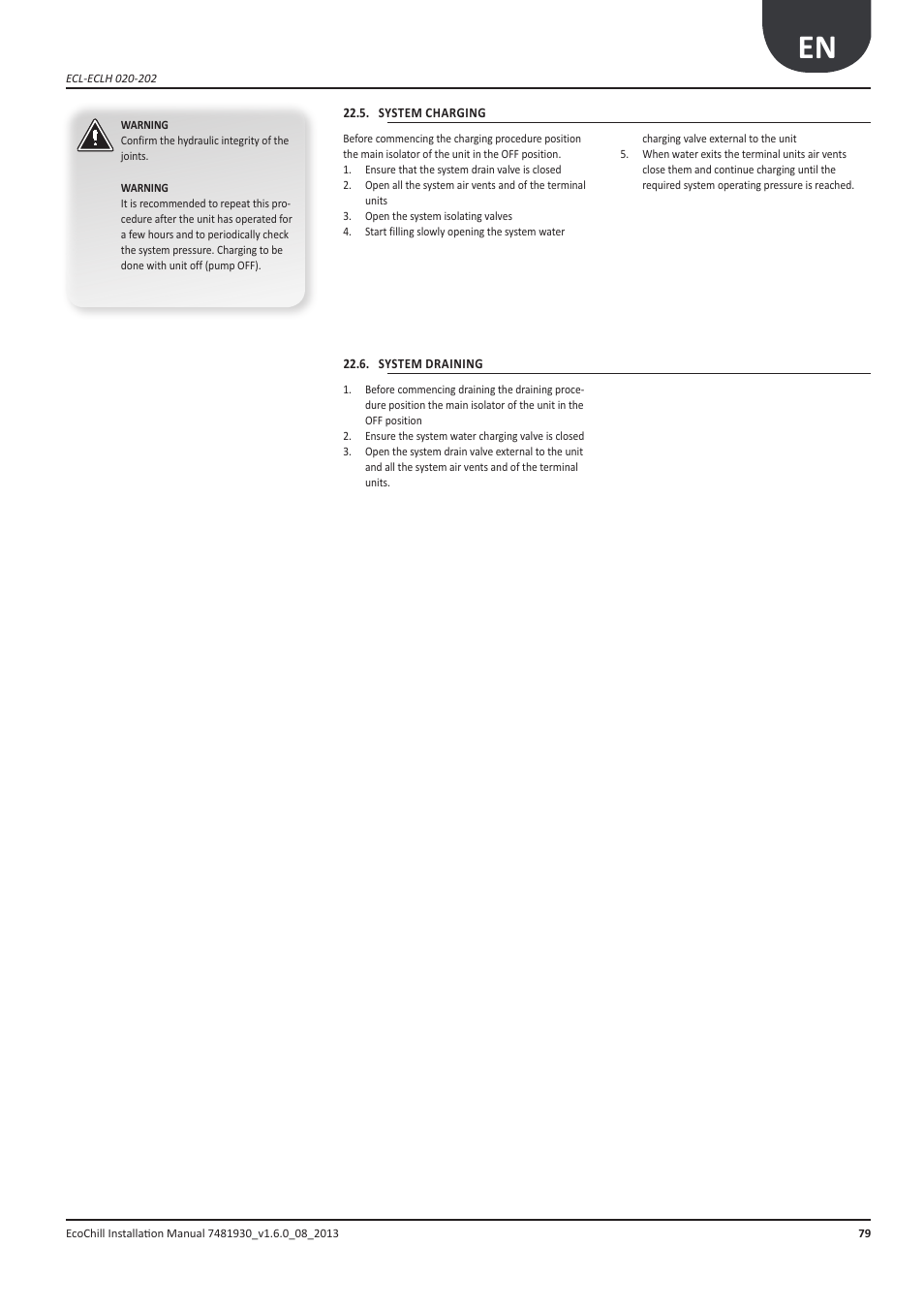 Caricamento impianto, Scaricamento impianto, System charging | System draining | Airedale EcoChill 6kW - 46kW User Manual | Page 79 / 88