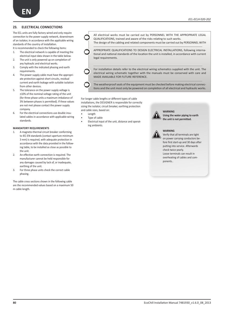 Collegamenti elettrici, Electrical connections | Airedale EcoChill 6kW - 46kW User Manual | Page 80 / 88