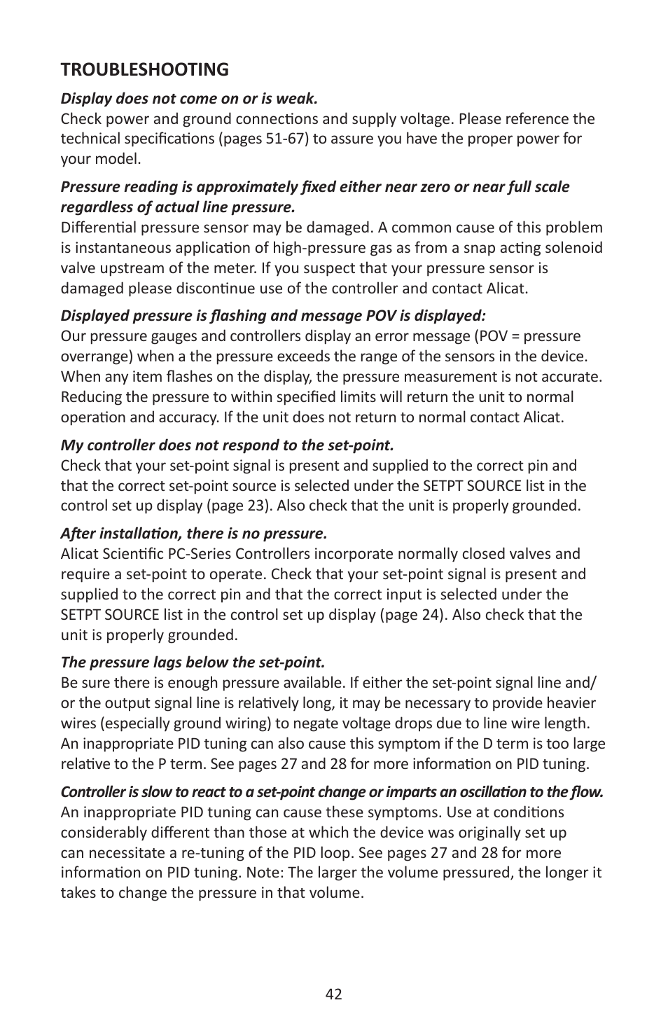Troubleshooting | Alicat P Series Pressure Gauge User Manual | Page 42 / 88