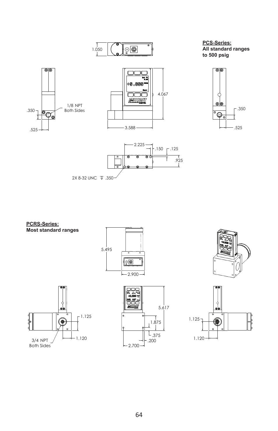 Pcrs-series: most standard ranges, Pcs-series: all standard ranges to 500 psig | Alicat P Series Pressure Gauge User Manual | Page 64 / 88